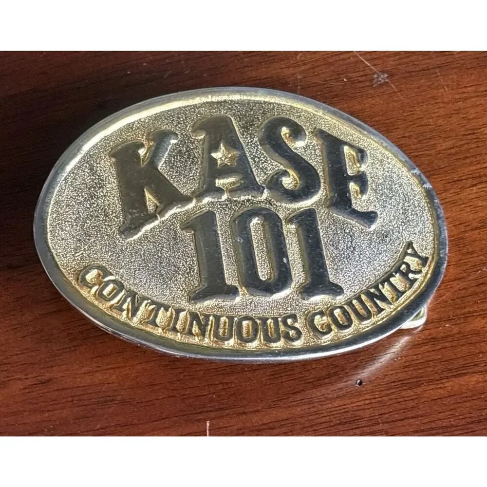 Vtg 70s KASE 101 Brass Belt Buckle Country Western Radio Station Austin TX Gold